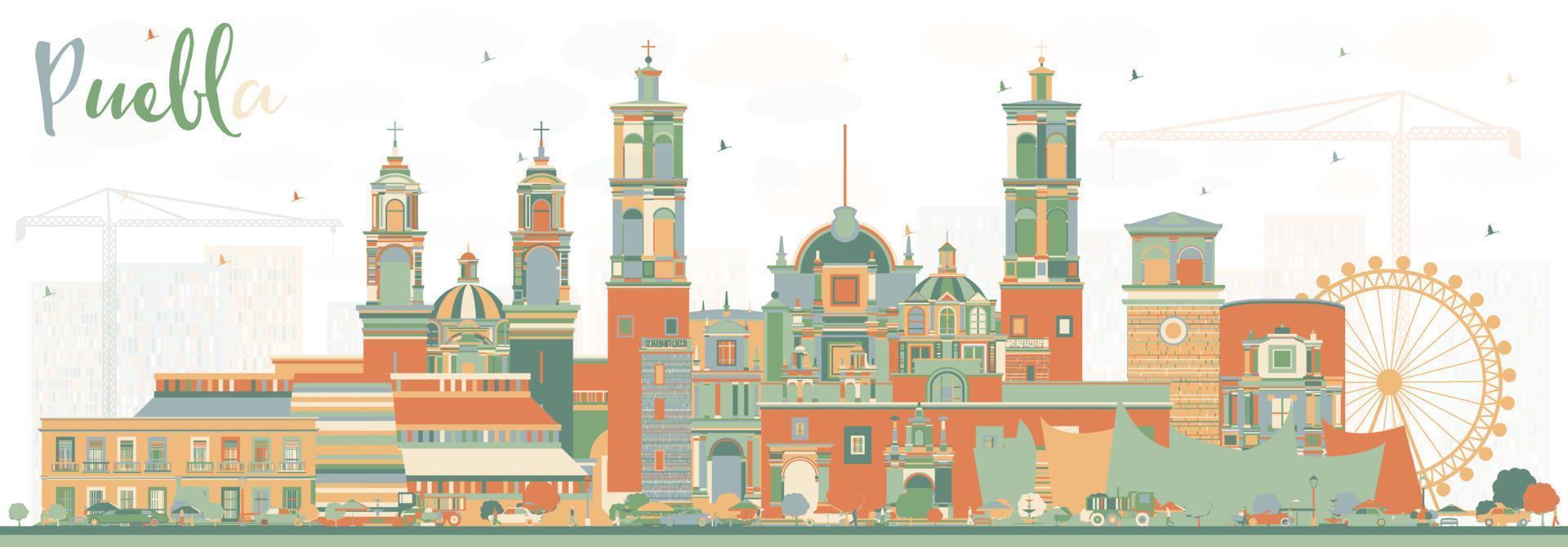 Puebla Mexico City Skyline with Color Buildings. vector