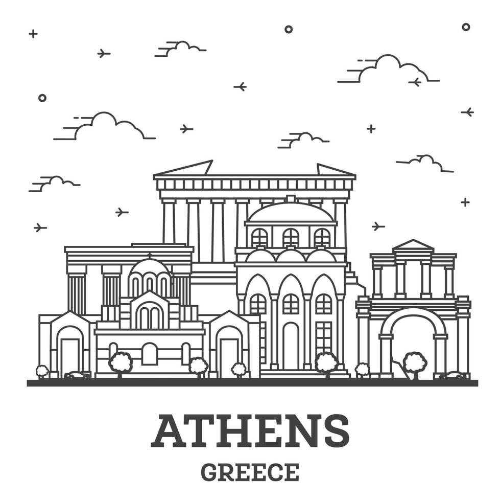 delinear el horizonte de la ciudad de atenas grecia con edificios históricos aislados en blanco. vector