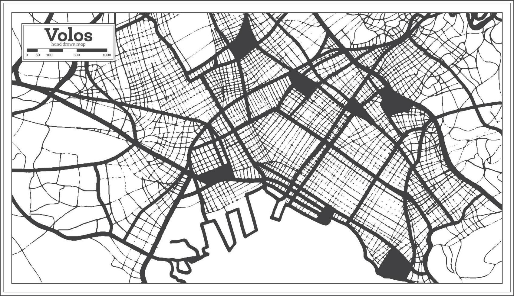 mapa de la ciudad de volos grecia en color blanco y negro en estilo retro. esquema del mapa. vector