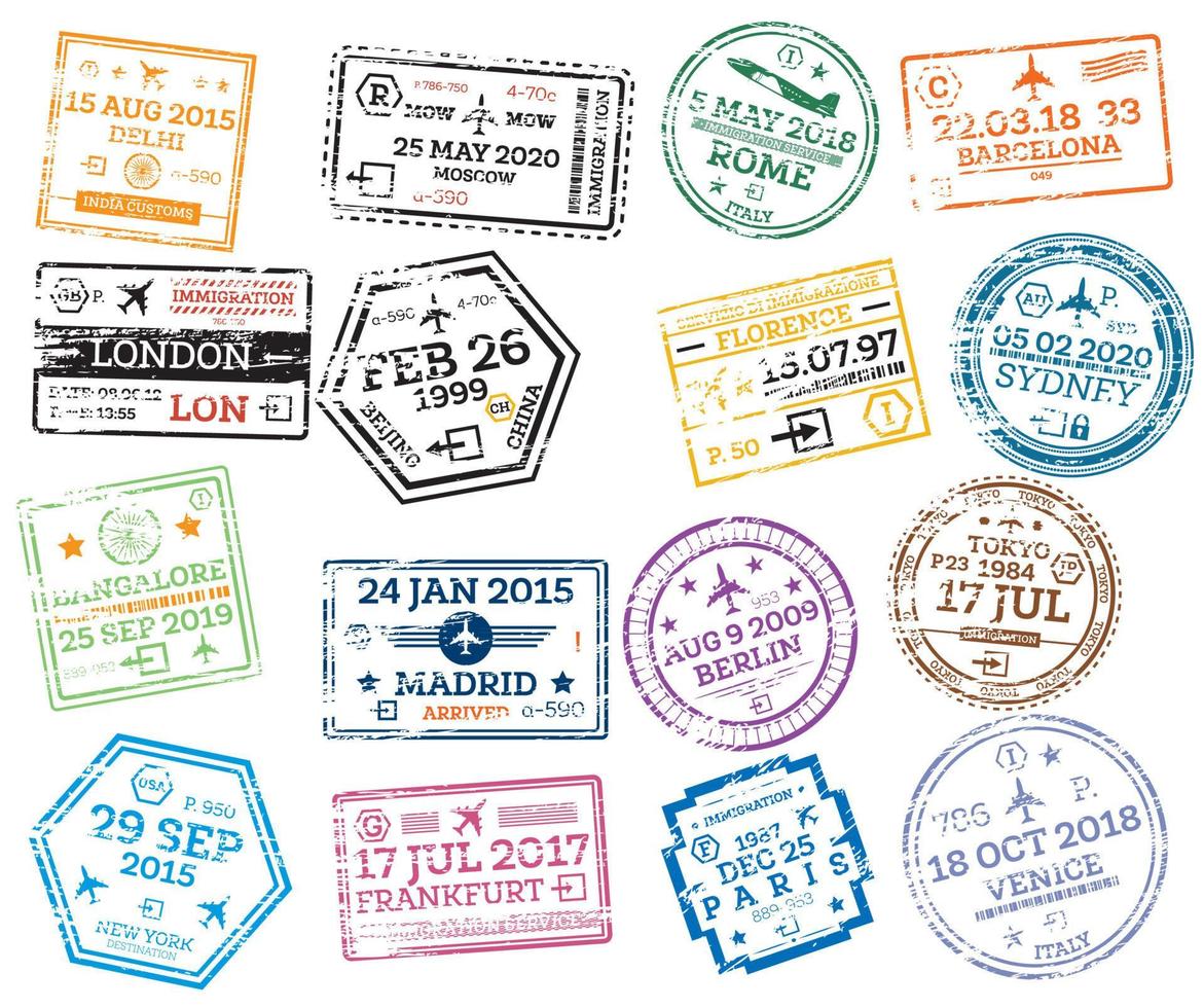 Collection of Passport Stamps Isolated on White. Vector Illustration. Set from Different Countries and Cities.