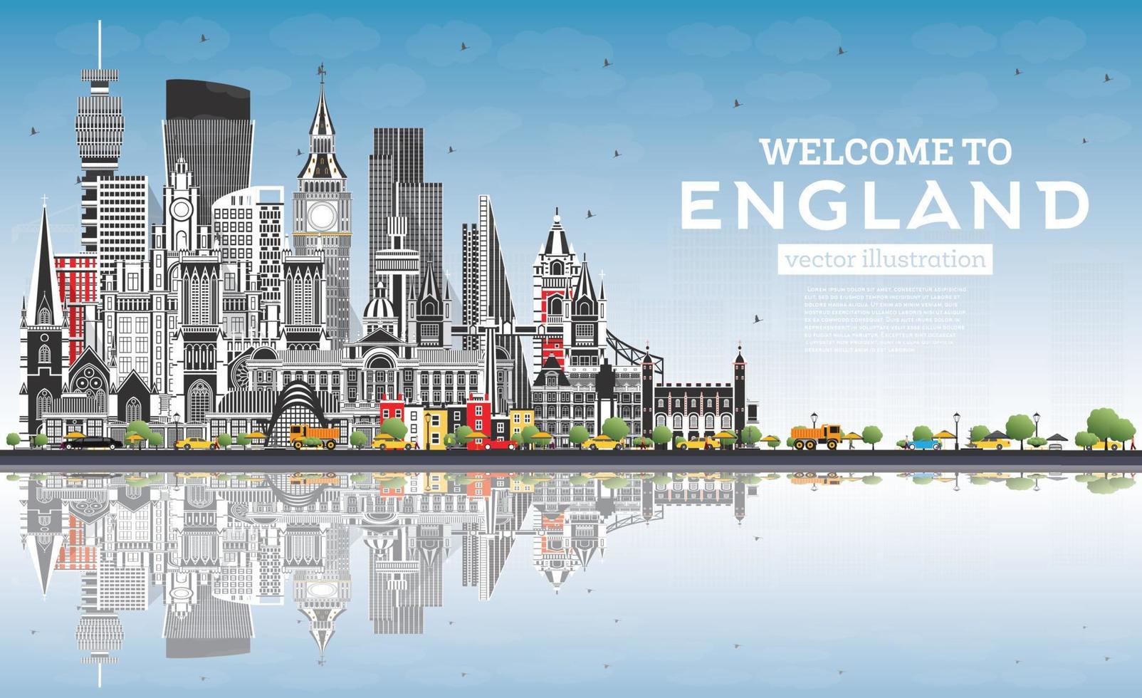 bienvenidos al horizonte de la ciudad de inglaterra con edificios grises, cielo azul y reflejos. vector