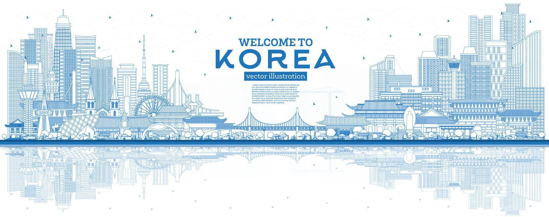 Outline Welcome to South Korea City Skyline with Blue Buildings and Reflections. vector