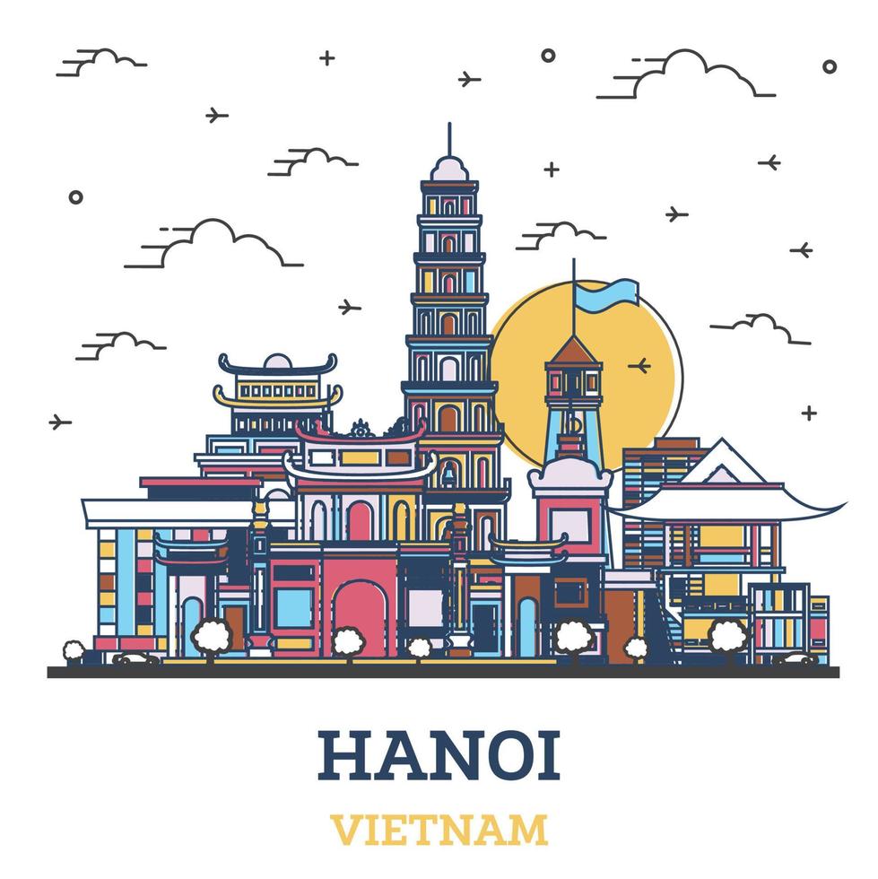 delinear el horizonte de la ciudad de hanoi vietnam con edificios históricos de colores aislados en blanco. vector