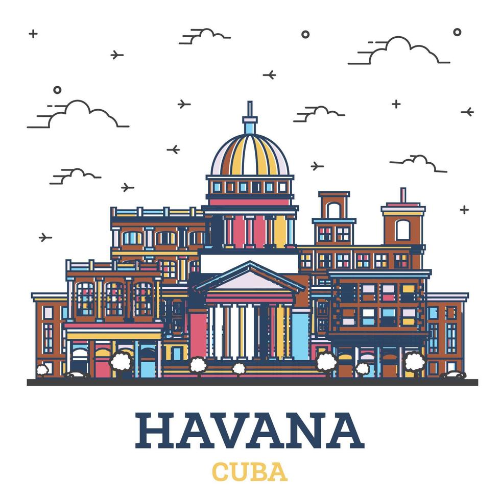 delinear el horizonte de la ciudad de la habana cuba con edificios históricos de colores aislados en blanco. vector