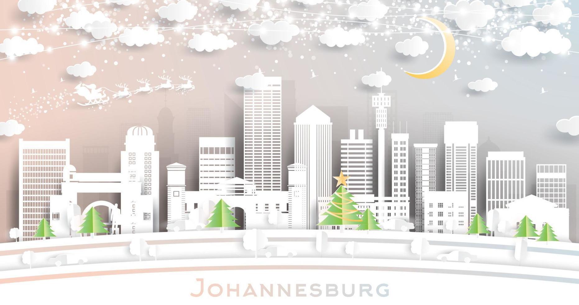 horizonte de la ciudad de johannesburgo sudáfrica en estilo de corte de papel con edificios blancos, luna y guirnalda de neón. vector