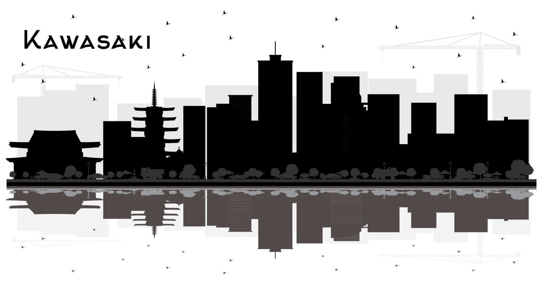 silueta del horizonte de la ciudad de kawasaki japón con edificios negros y reflejos aislados en blanco. vector