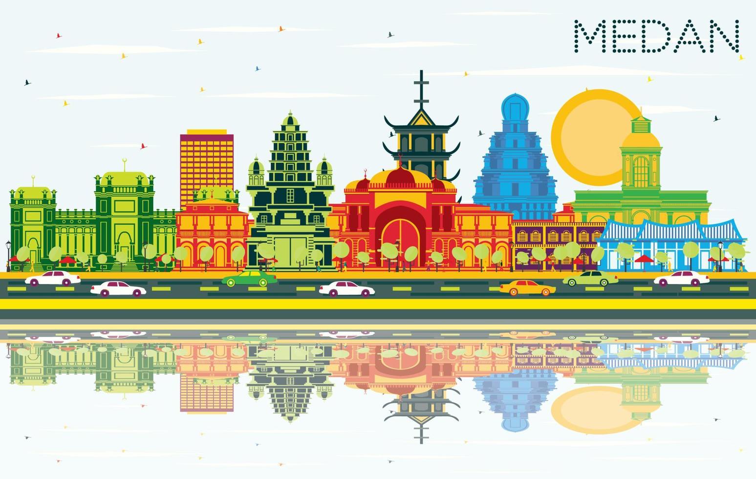 horizonte de la ciudad de medan indonesia con edificios de color, cielo azul y reflejos. vector