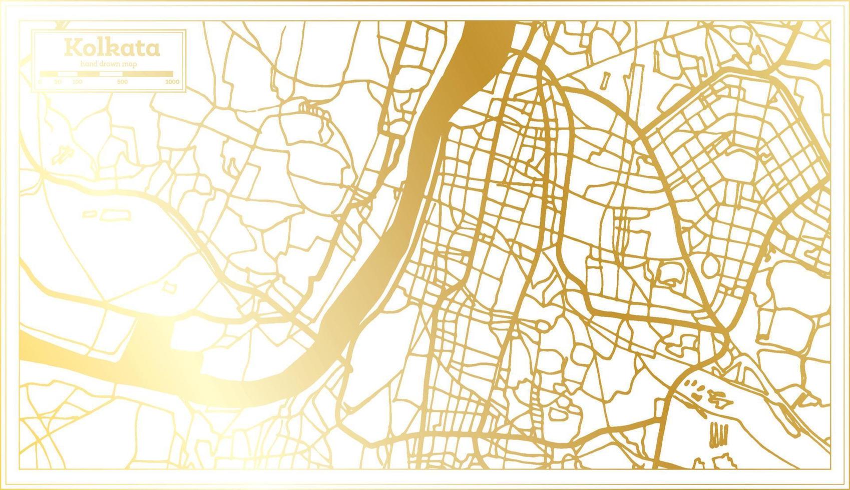 mapa de la ciudad de kolkata india en estilo retro en color dorado. esquema del mapa. vector