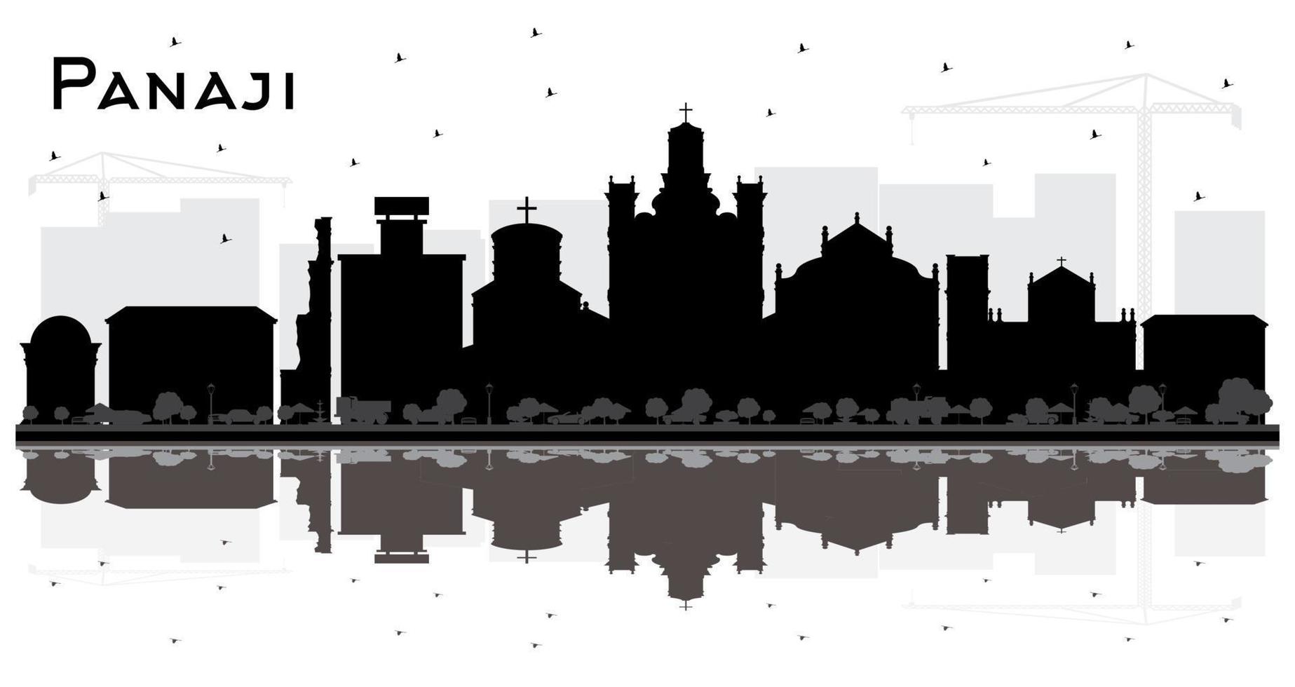 silueta del horizonte de la ciudad de panaji india con edificios negros y reflejos aislados en blanco. vector