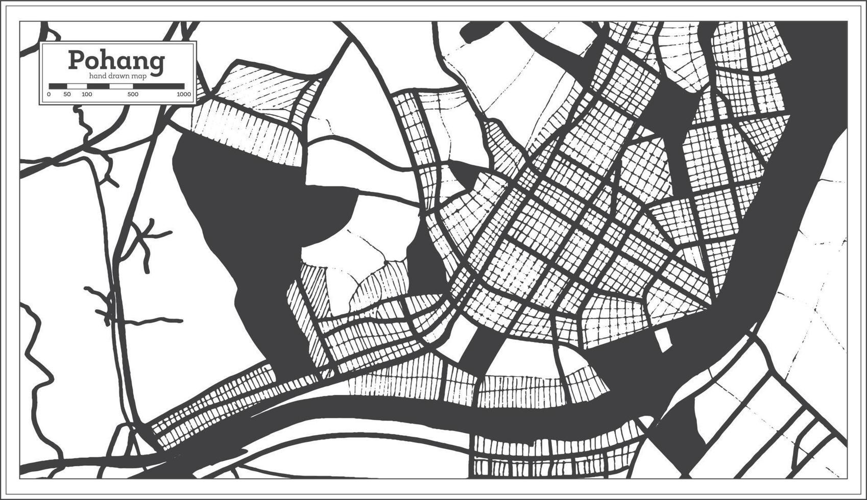 mapa de la ciudad de pohang corea del sur en color blanco y negro en estilo retro. vector