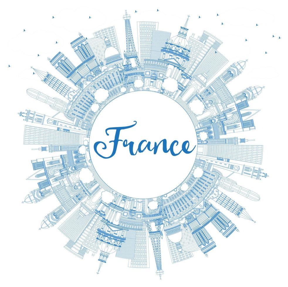 Outline France City Skyline with Blue Buildings and Copy Space. vector