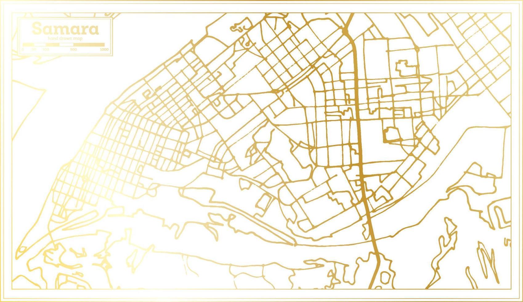 mapa de la ciudad de samara rusia en estilo retro en color dorado. esquema del mapa. vector