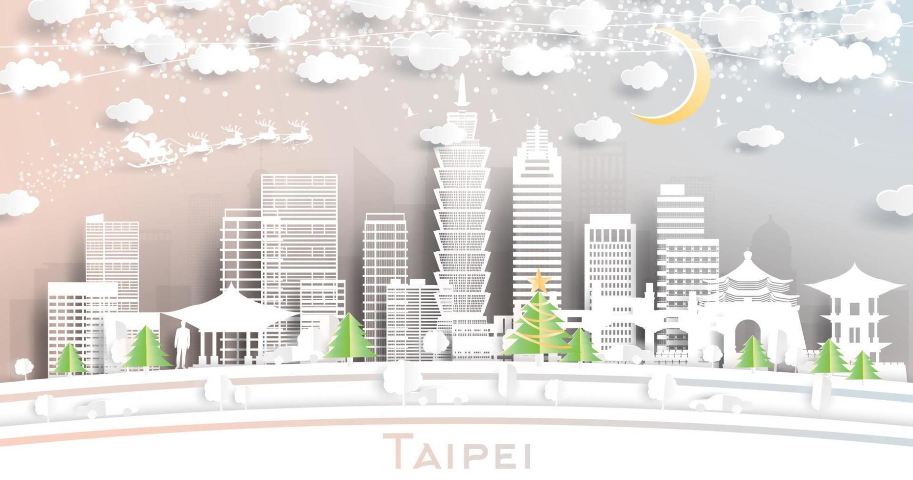 horizonte de la ciudad de taipei taiwán en estilo de corte de papel con copos de nieve, luna y guirnalda de neón. vector