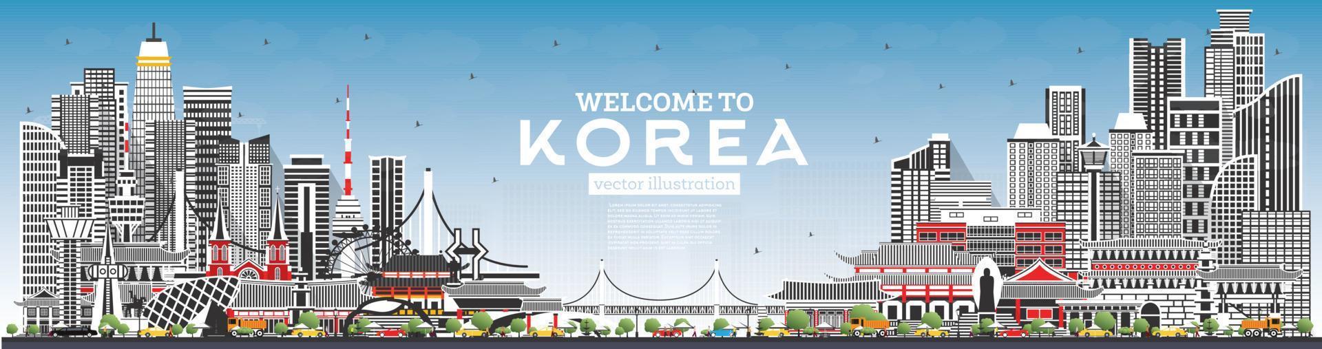 bienvenido al horizonte de la ciudad de corea del sur con edificios grises y cielo azul. vector