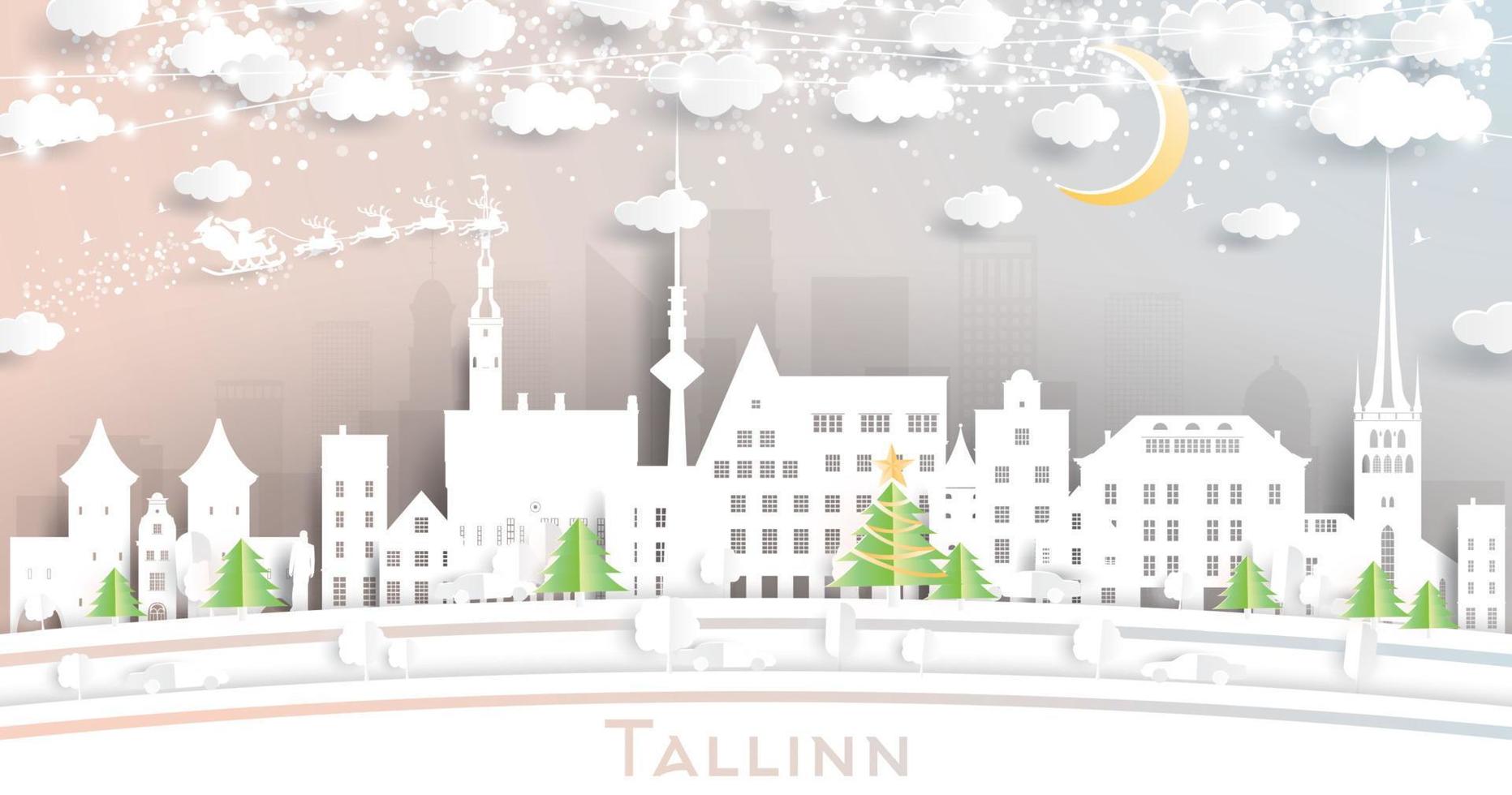 Tallinn Estonia City Skyline in Paper Cut Style with Snowflakes, Moon and Neon Garland. vector