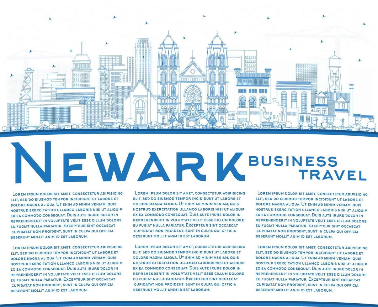 Outline Newark New Jersey City Skyline with Blue Buildings and Copy Space. vector