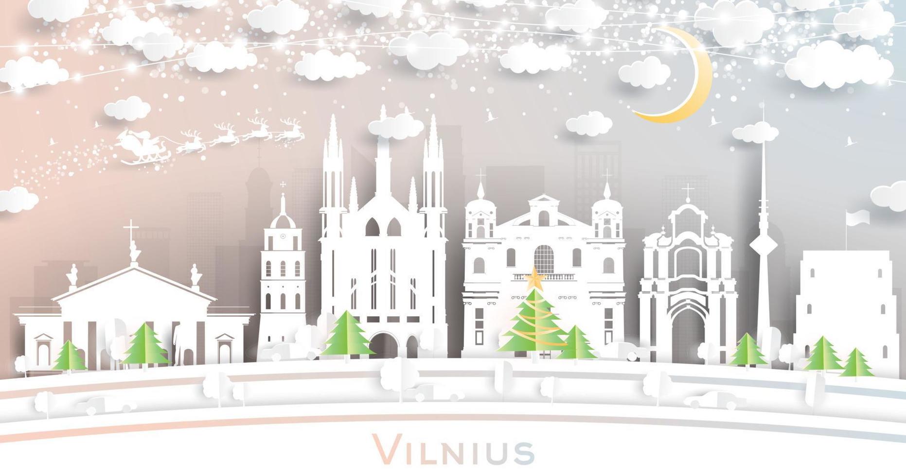 horizonte de la ciudad de vilnius lituania en estilo de corte de papel con copos de nieve, luna y guirnalda de neón. vector