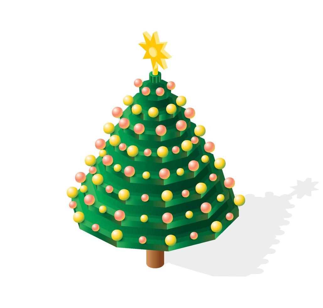 Isometric Christmas Tree with Balls and Yellow Star. Vector Illustration.