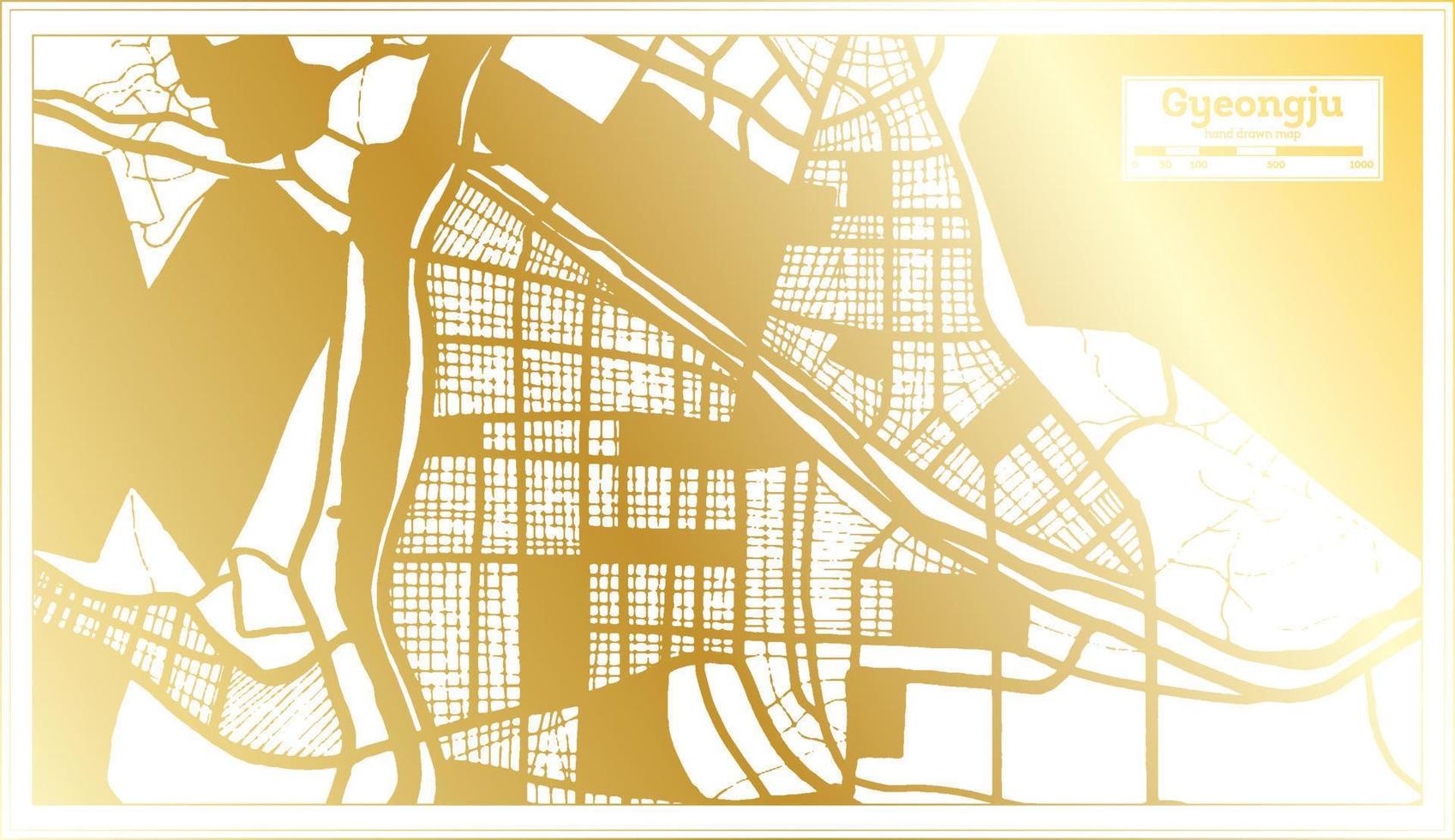 mapa de la ciudad de gyeongju corea del sur en estilo retro en color dorado. esquema del mapa. vector