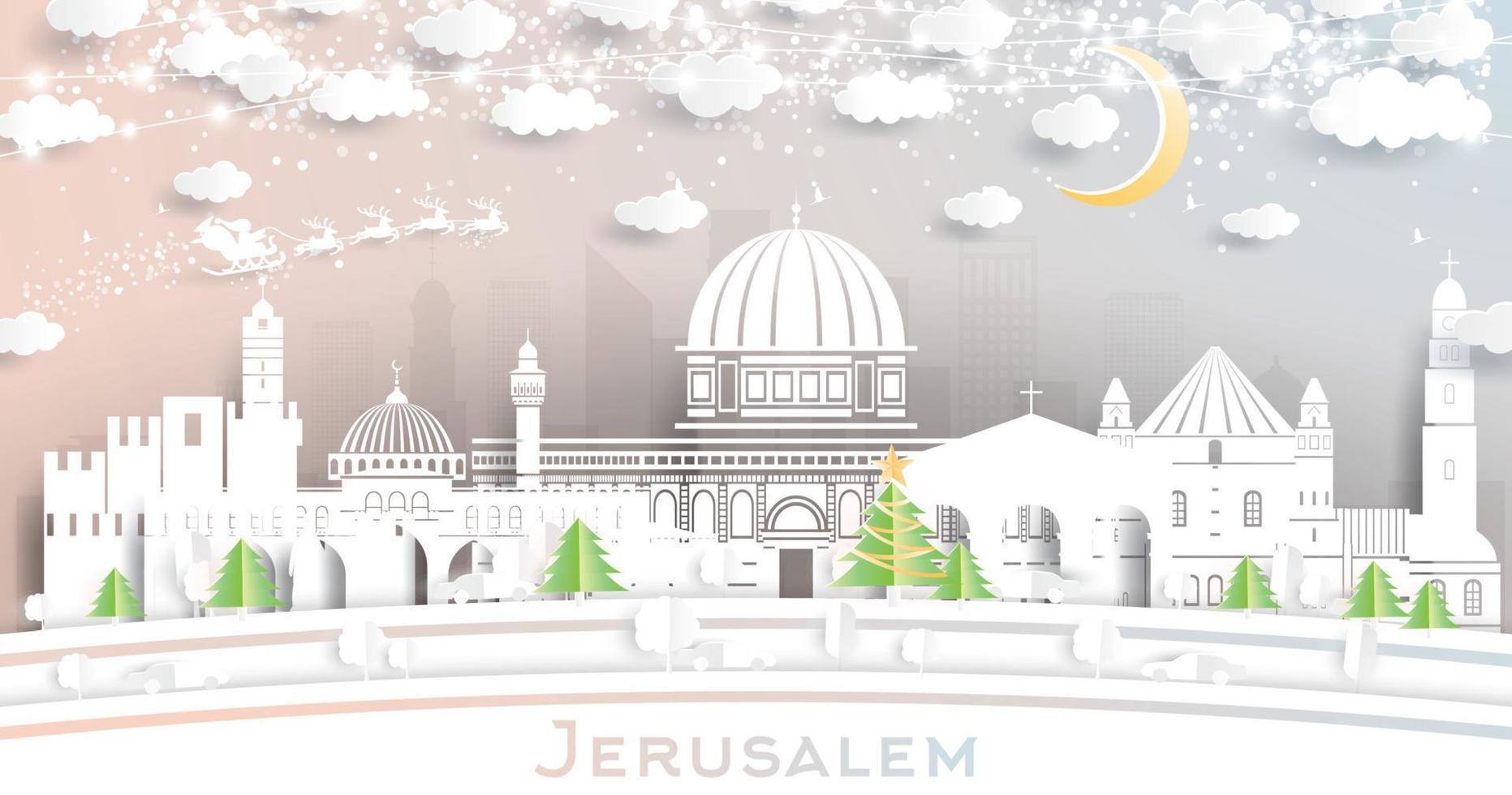 Jerusalem Israel City Skyline in Paper Cut Style with White Buildings, Moon and Neon Garland. vector