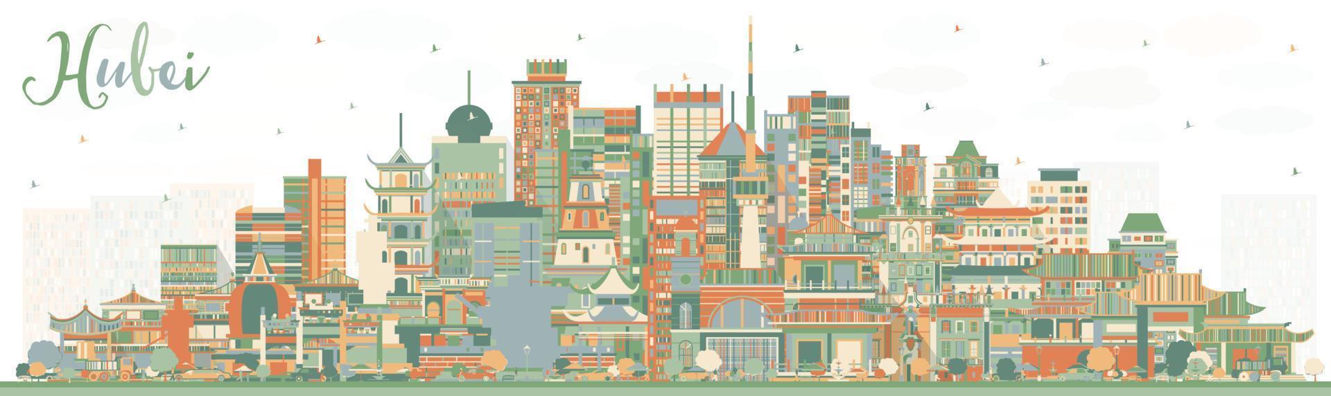 Hubei Province in China. City Skyline with Color Buildings. vector