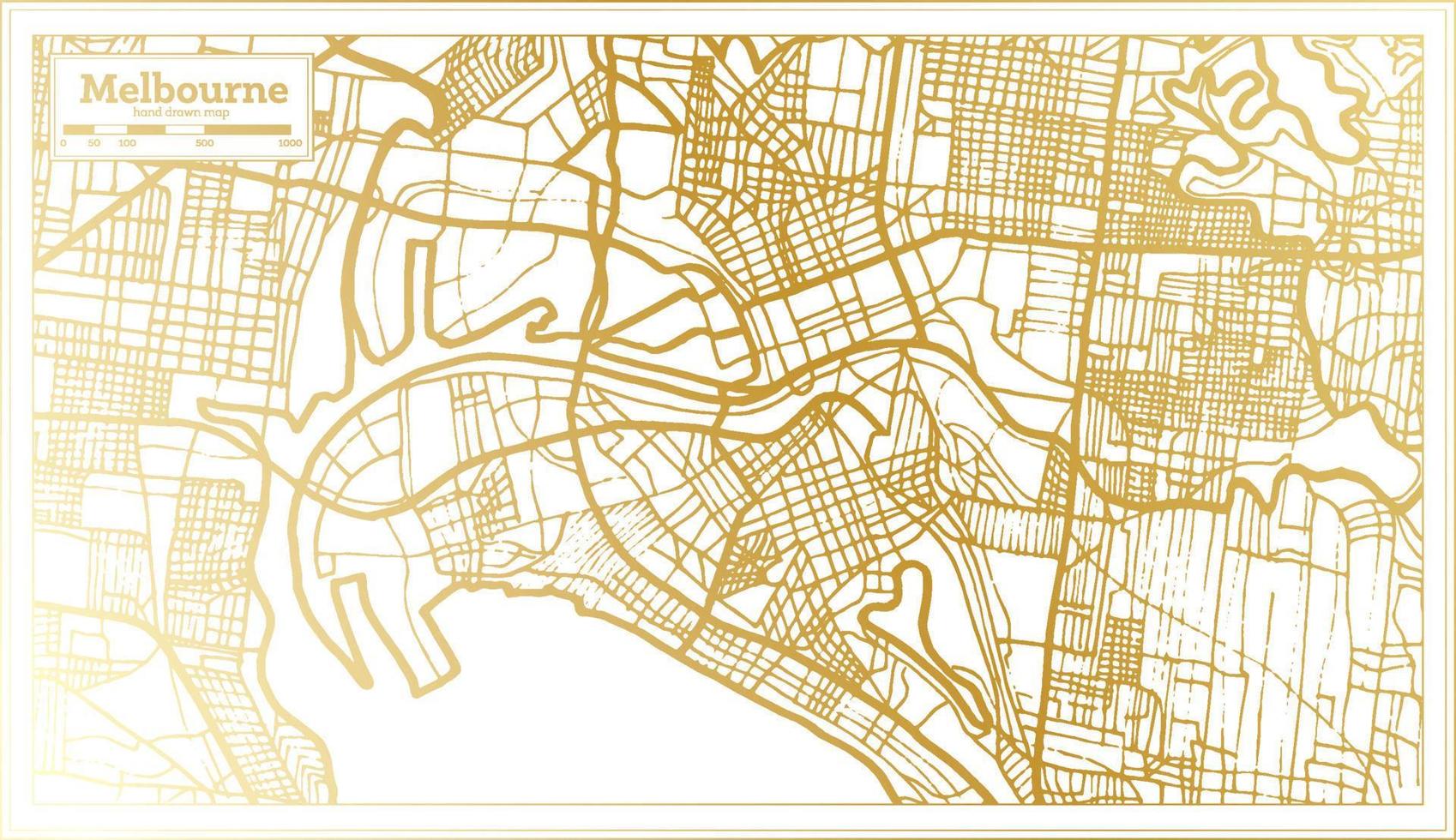 mapa de la ciudad de melbourne australia en estilo retro en color dorado. esquema del mapa. vector