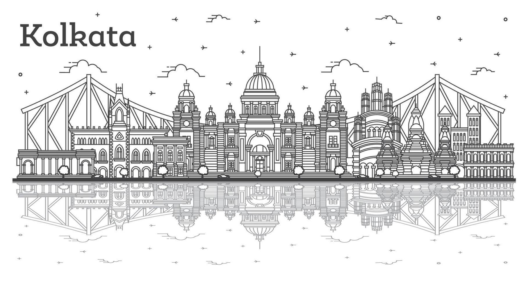 delinear el horizonte de la ciudad de kolkata india con edificios históricos y reflejos aislados en blanco. vector