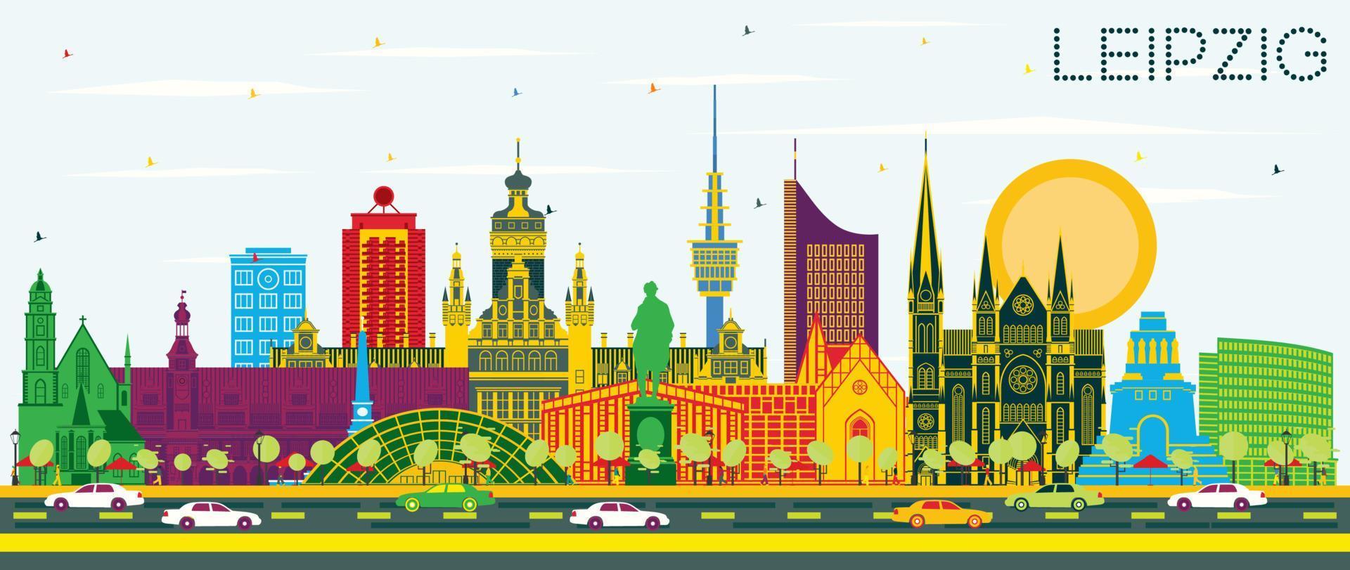 horizonte de la ciudad de leipzig alemania con edificios de color y cielo azul. vector