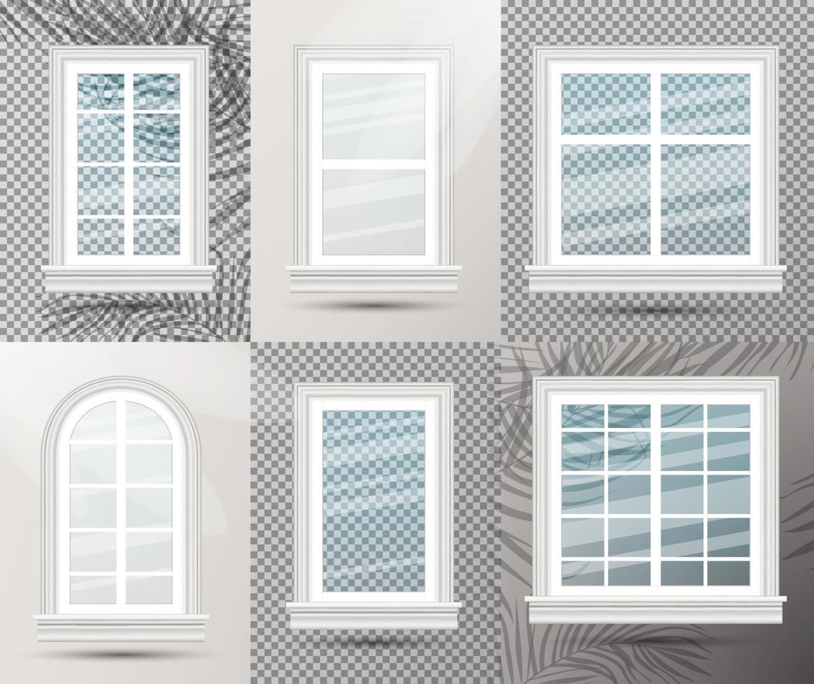 Six Closed Realistic Glass Windows with Shadows. Vector Illustration.