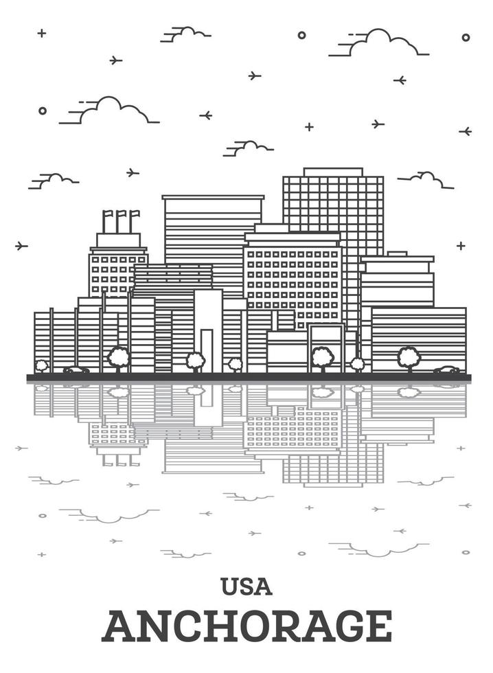 Outline Anchorage Alaska USA City Skyline with Modern Buildings and Reflections Isolated on White. vector