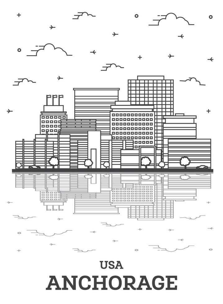 delinear el horizonte de la ciudad de Anchorage, Alaska, Estados Unidos, con edificios modernos y reflejos aislados en blanco. vector