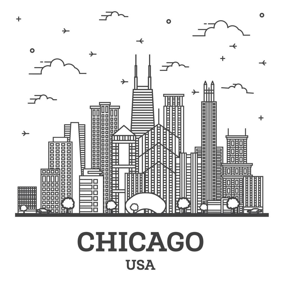 delinear el horizonte de la ciudad de chicago, illinois, ee.uu. con edificios modernos aislados en blanco. vector