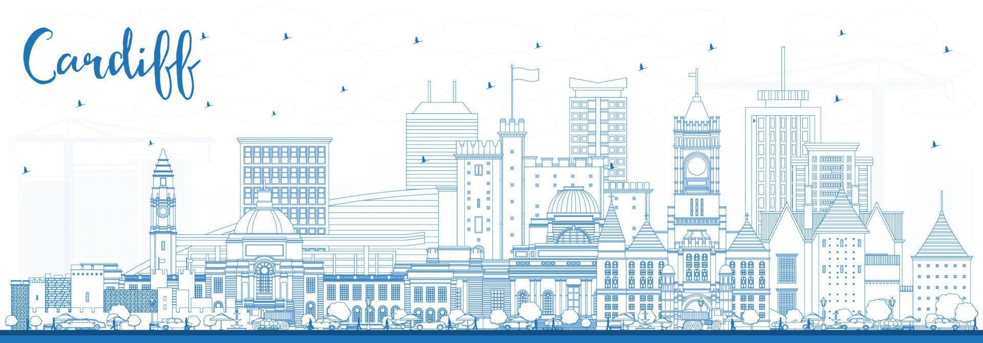 delinear el horizonte de la ciudad de Cardiff, Gales, con edificios azules. vector