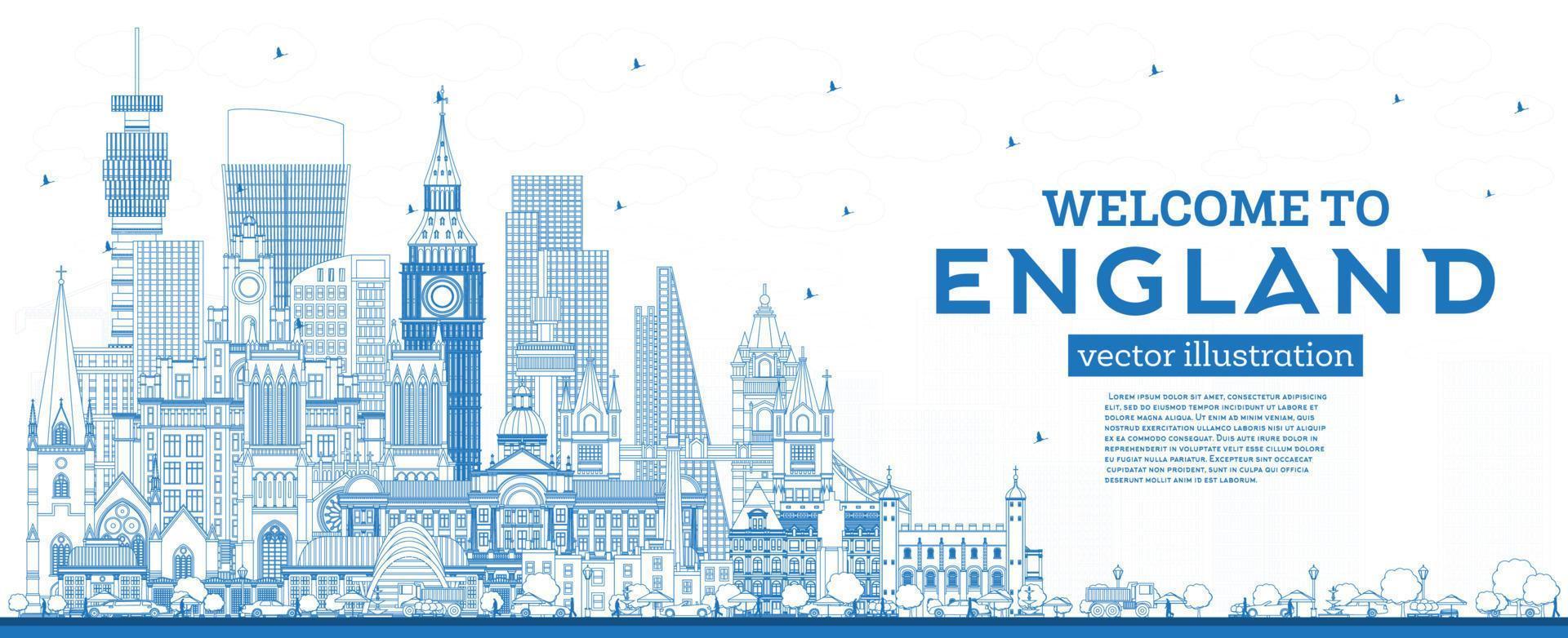 Outline Welcome to England City Skyline with Blue Buildings. vector
