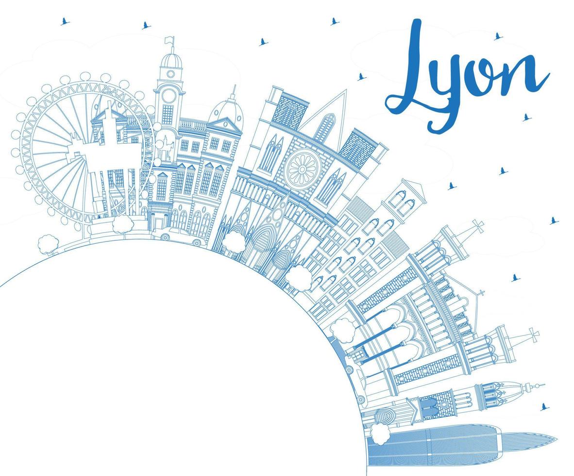 delinee el horizonte de la ciudad de lyon francia con edificios azules y copie el espacio. vector