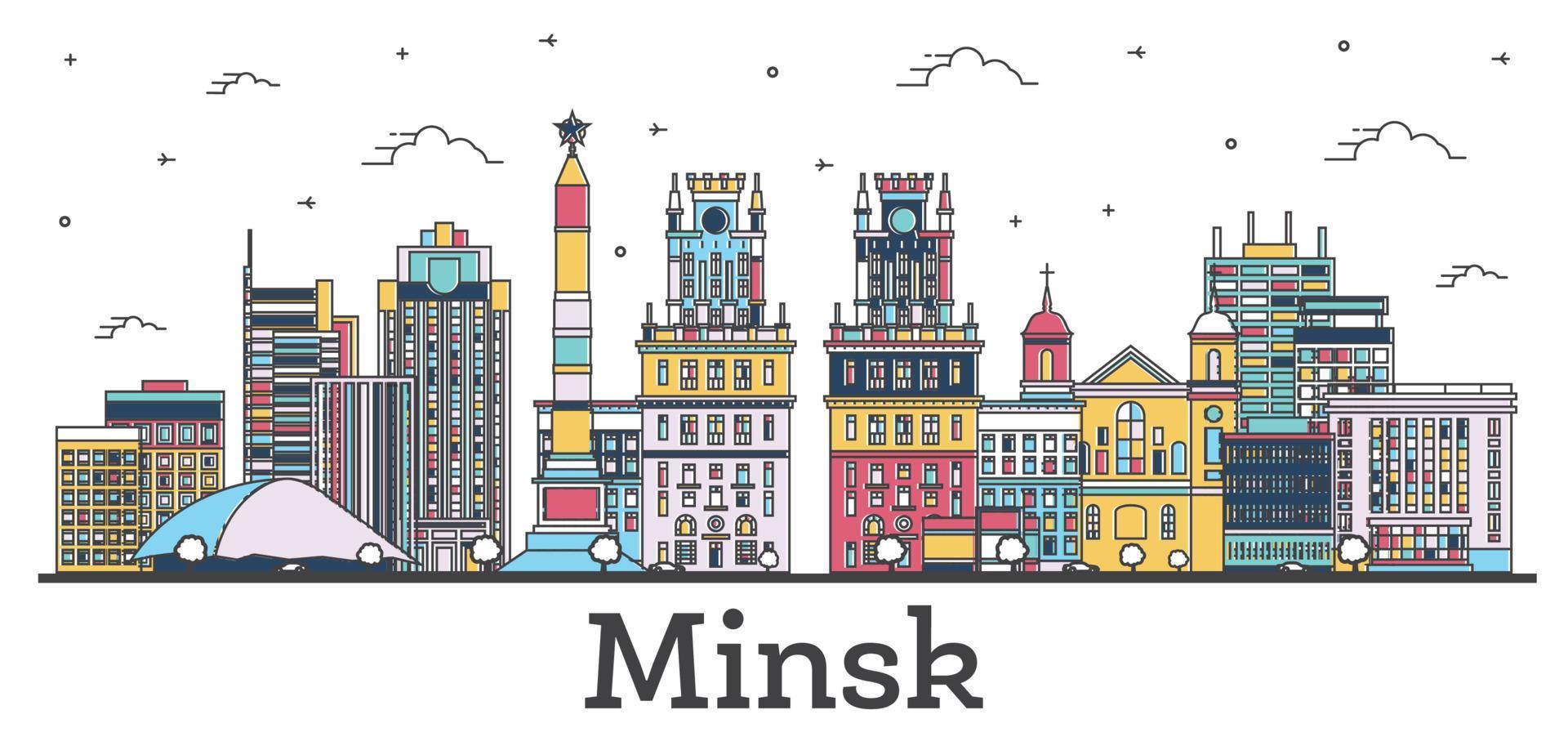 delinear el horizonte de la ciudad de minsk, bielorrusia, con edificios de color aislados en blanco. vector