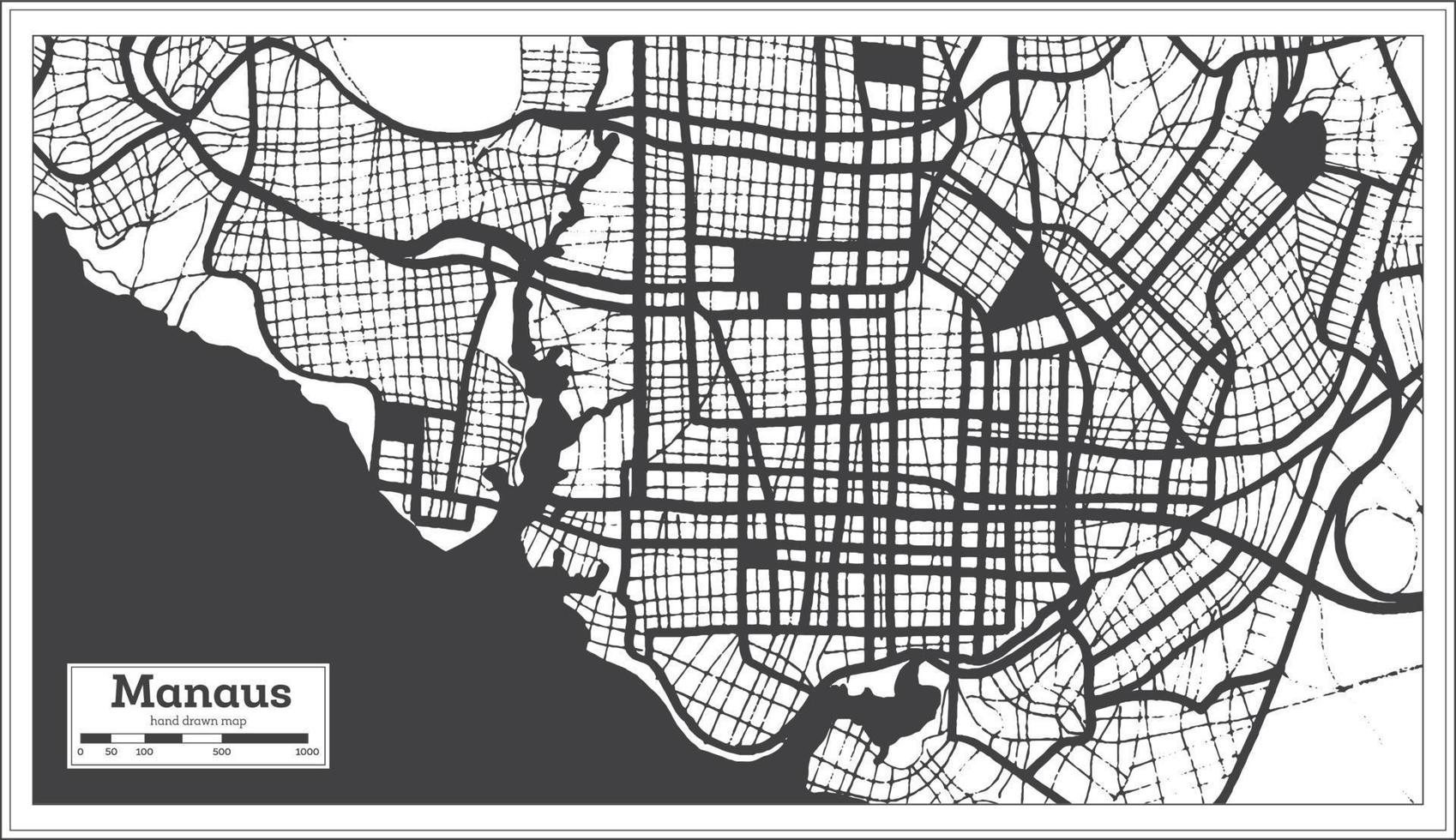 mapa de la ciudad de manaus brasil en color blanco y negro en estilo retro. esquema del mapa. vector