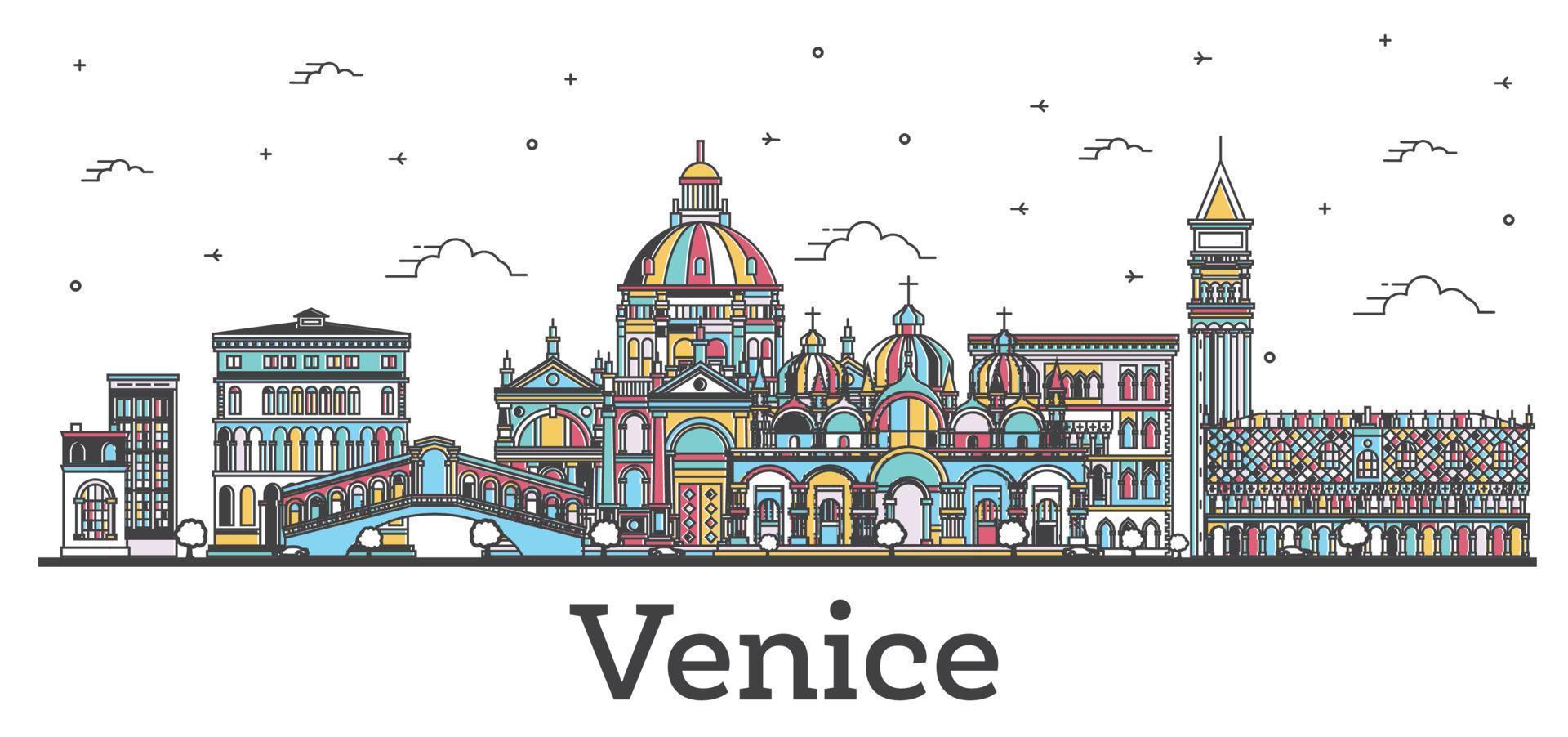 delinear el horizonte de la ciudad de venecia italia con edificios de color aislados en blanco. vector