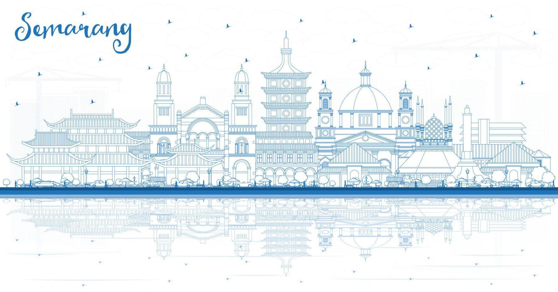 Outline Semarang Indonesia City Skyline with Blue Buildings and Reflections. vector