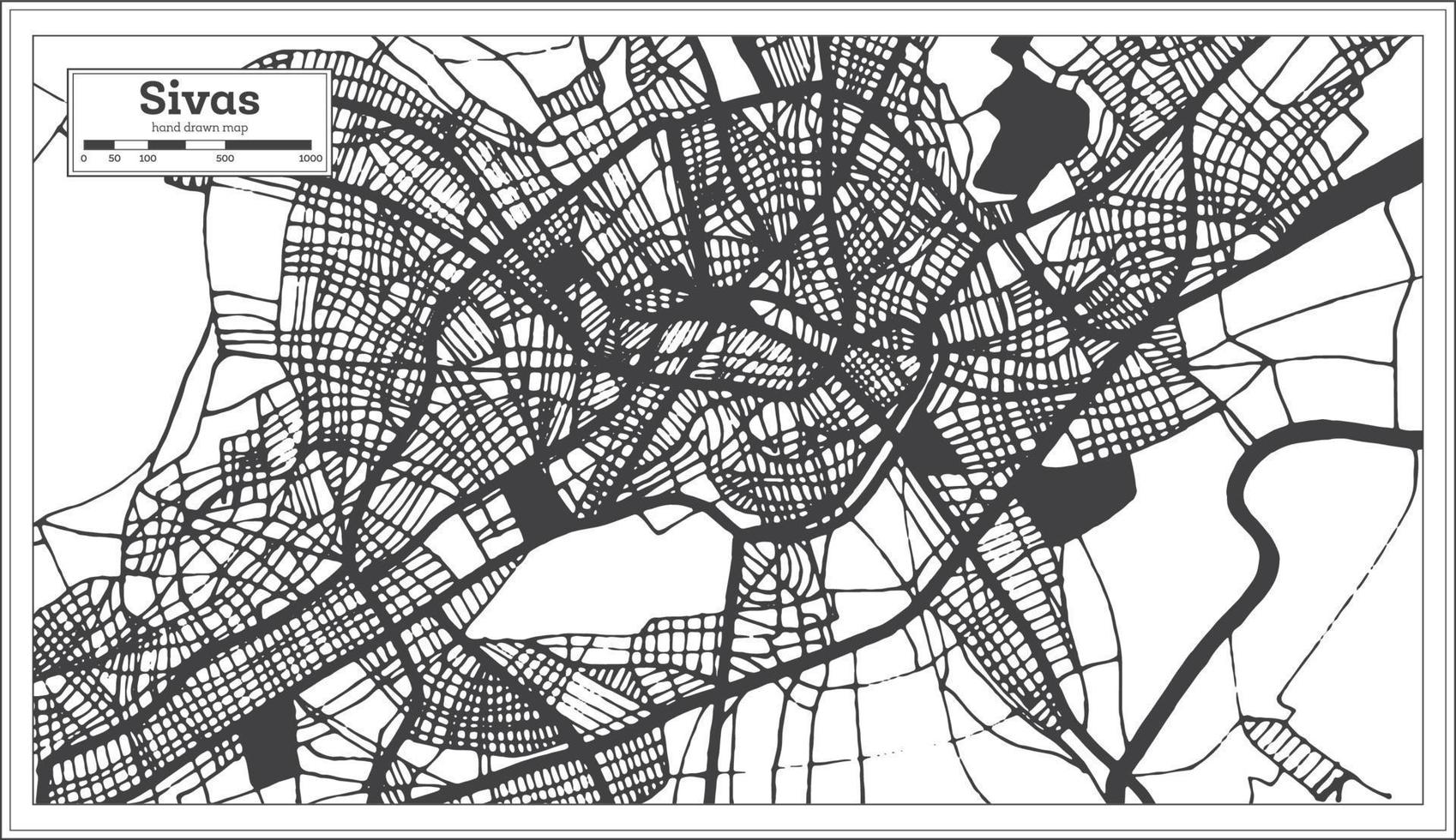 mapa de la ciudad de sivas turquía en color blanco y negro en estilo retro. esquema del mapa. vector
