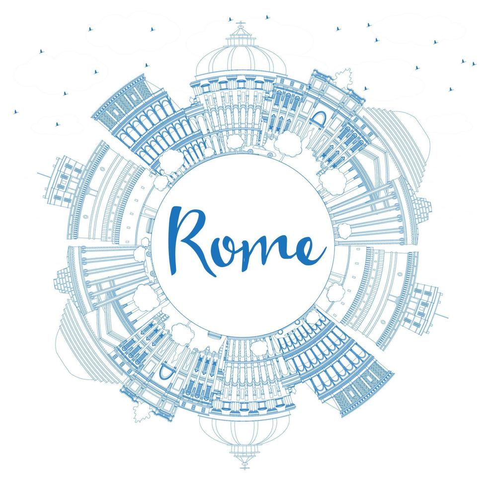 Outline Rome Italy City Skyline with Blue Buildings and Copy Space. vector