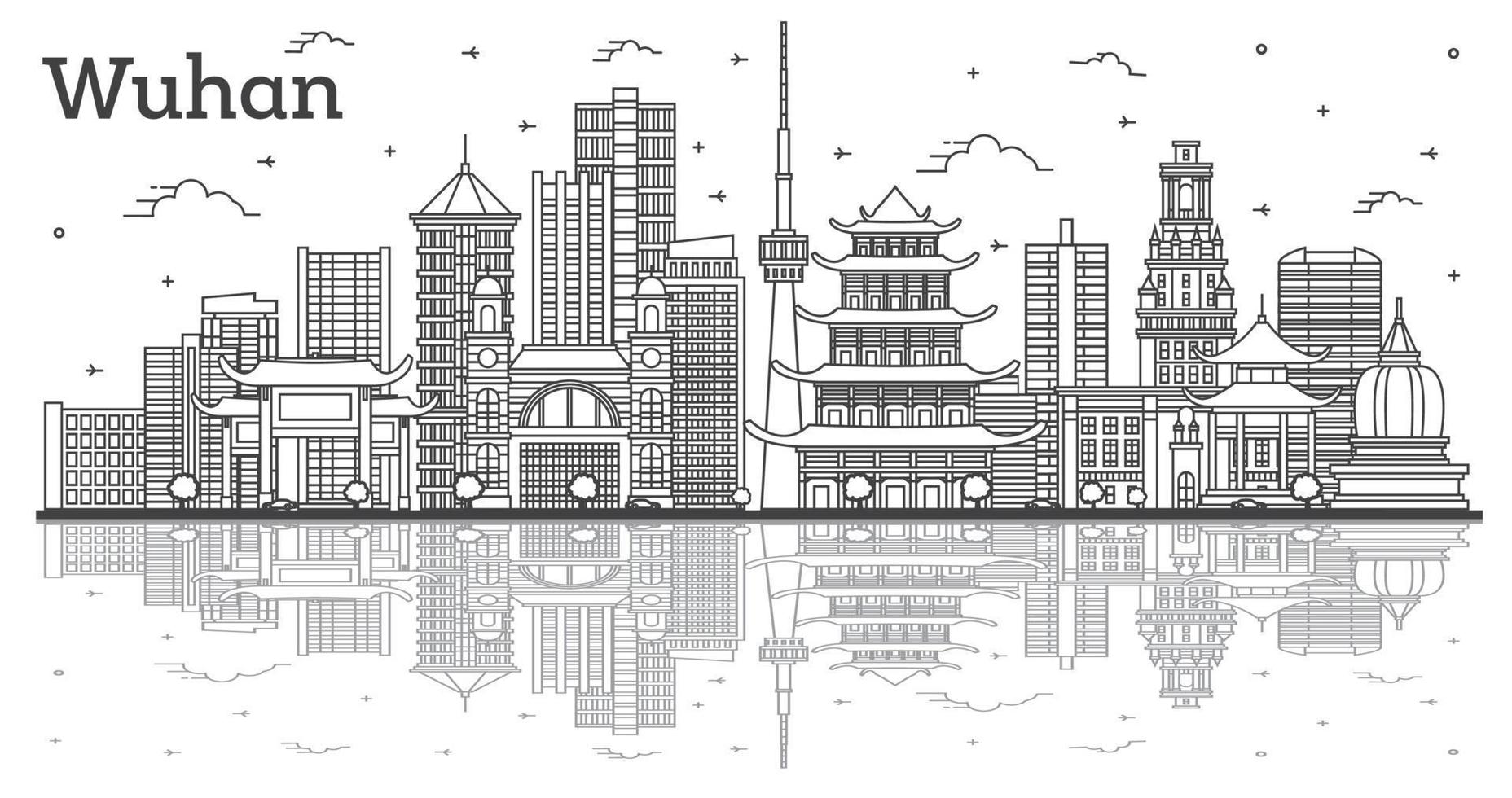 delinear el horizonte de la ciudad de wuhan china con edificios modernos y reflejos aislados en blanco. vector