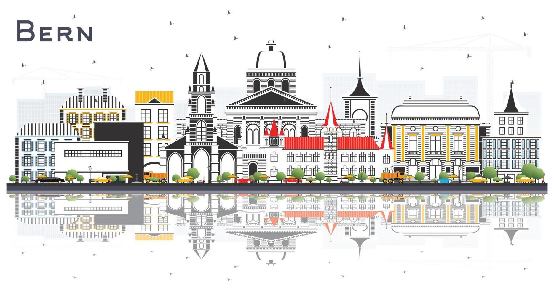 horizonte de la ciudad de berna suiza con edificios de color y reflejos aislados en blanco. vector