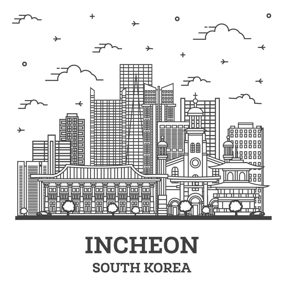 Outline Incheon South Korea City Skyline with Modern Buildings Isolated on White. vector