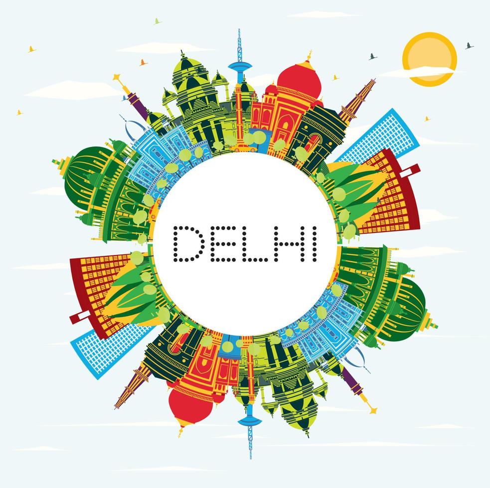 Delhi India City Skyline with Color Buildings, Blue Sky and Copy Space. vector