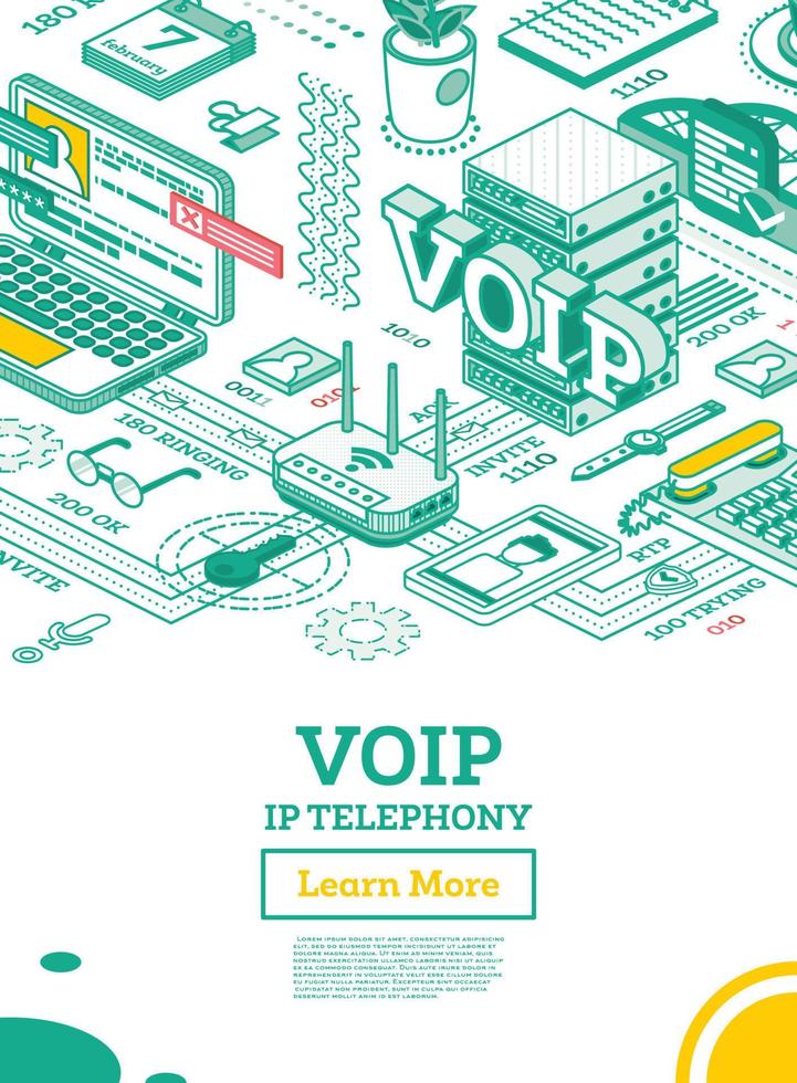 VOIP IP Telephony Services. Isometric Outline Concept. Configuration Scheme of System. vector