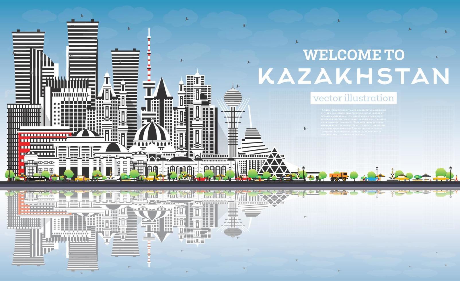 bienvenido a kazajstán. horizonte de la ciudad con edificios grises, cielo azul y reflejos. vector