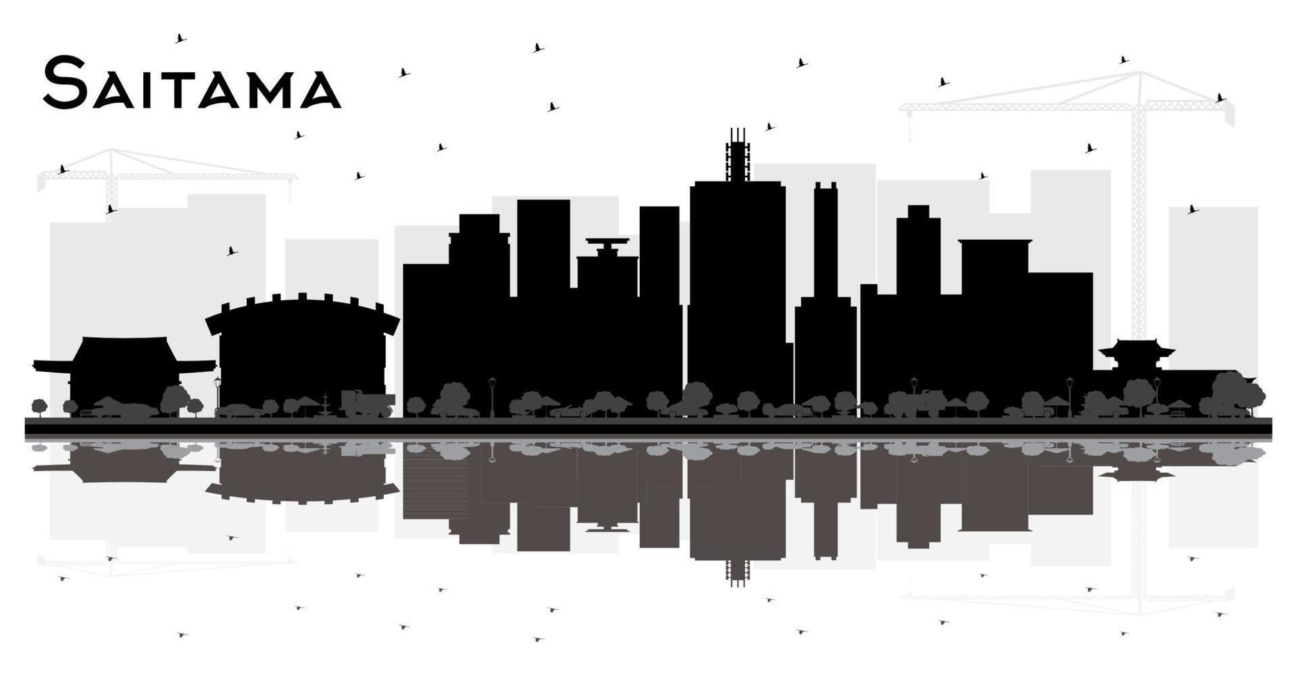 Saitama Japan City Skyline Black and White Silhouette with Reflections. vector