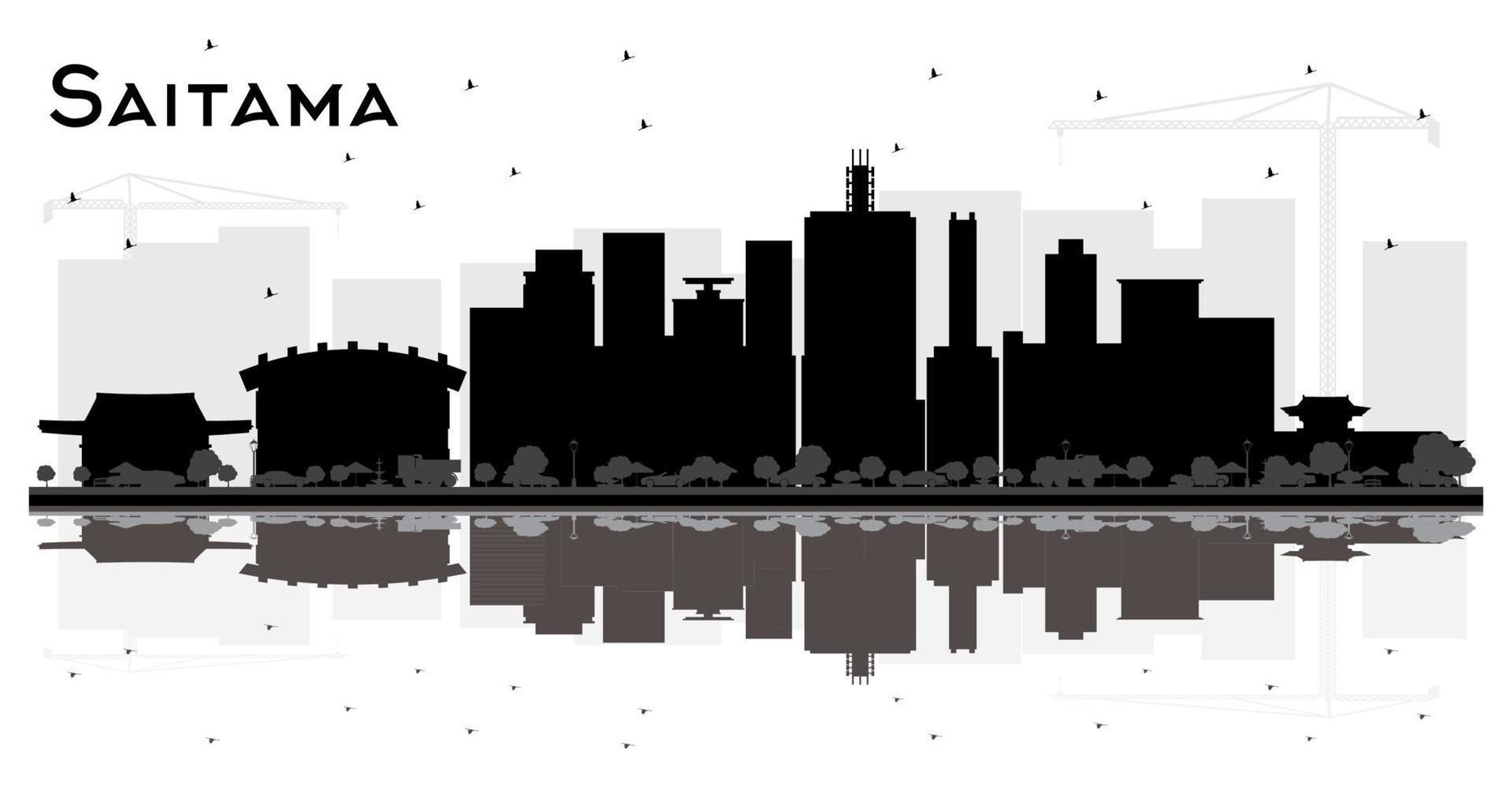 silueta en blanco y negro del horizonte de la ciudad de saitama japón con reflejos. vector