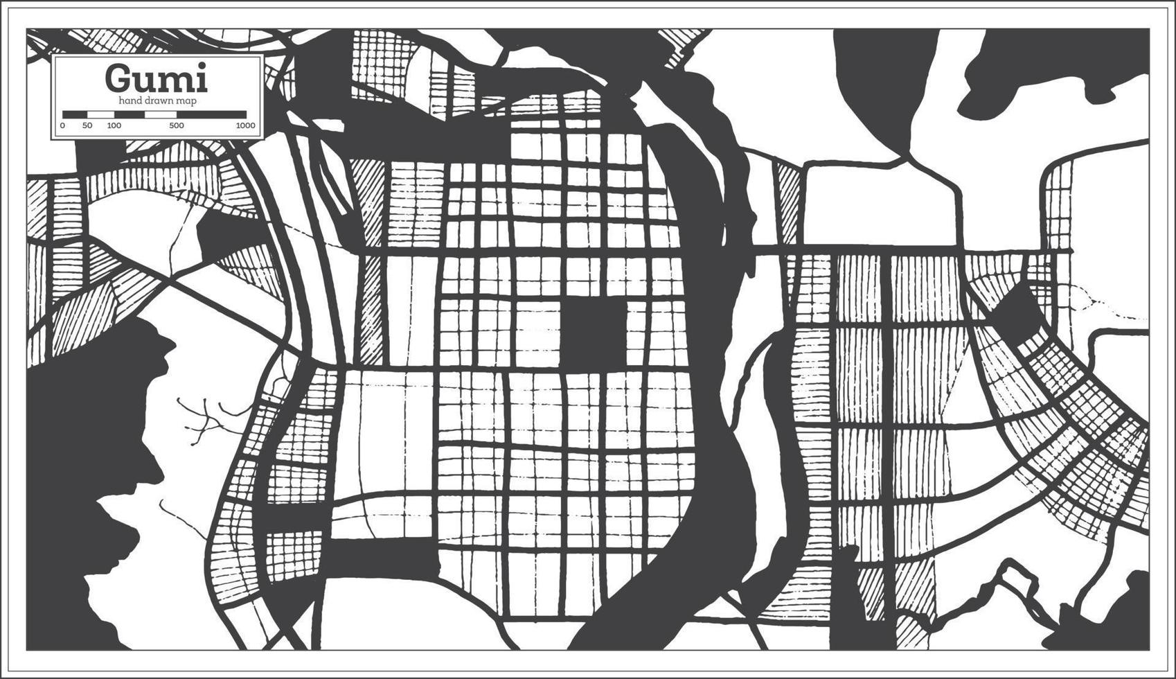 mapa de la ciudad de gumi corea del sur en color blanco y negro en estilo retro. vector